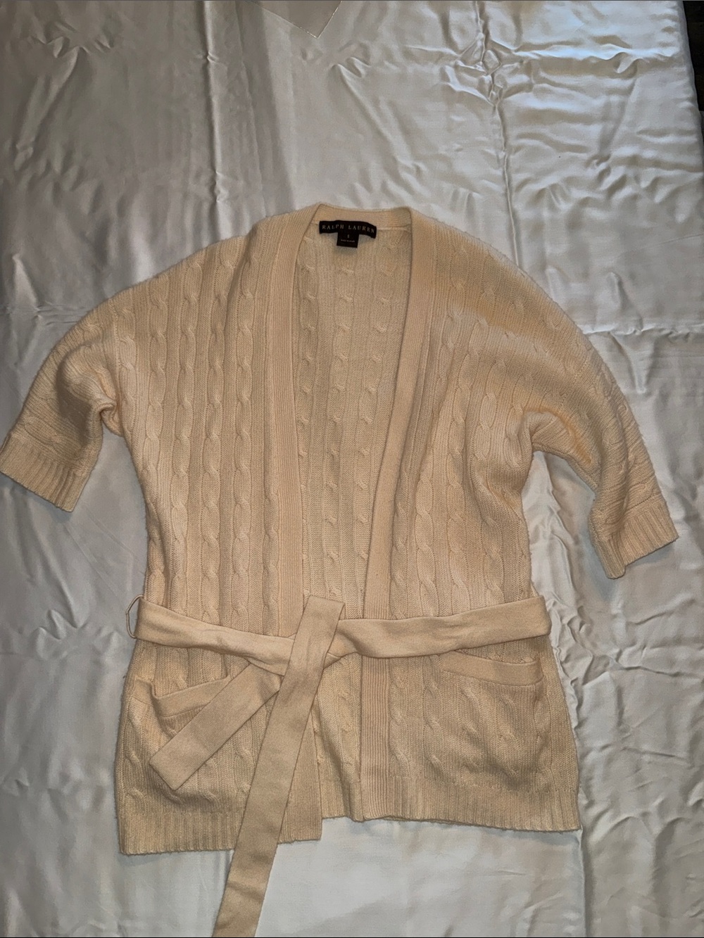 Ralph Lauren Black Label Cream Cable Belted Open-Front Cardigan